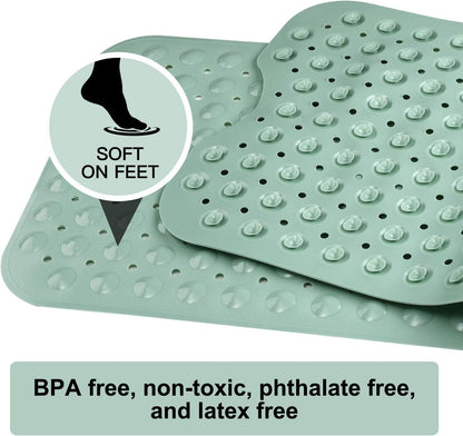 Bath and Shower Safety Mats 40x16 inch, Non Slip with Suction Cups for Bathroom Stall and Tub Floor, Extra Large and Machine Washable, Drain Holes Keep Bathtub Clean, Clear