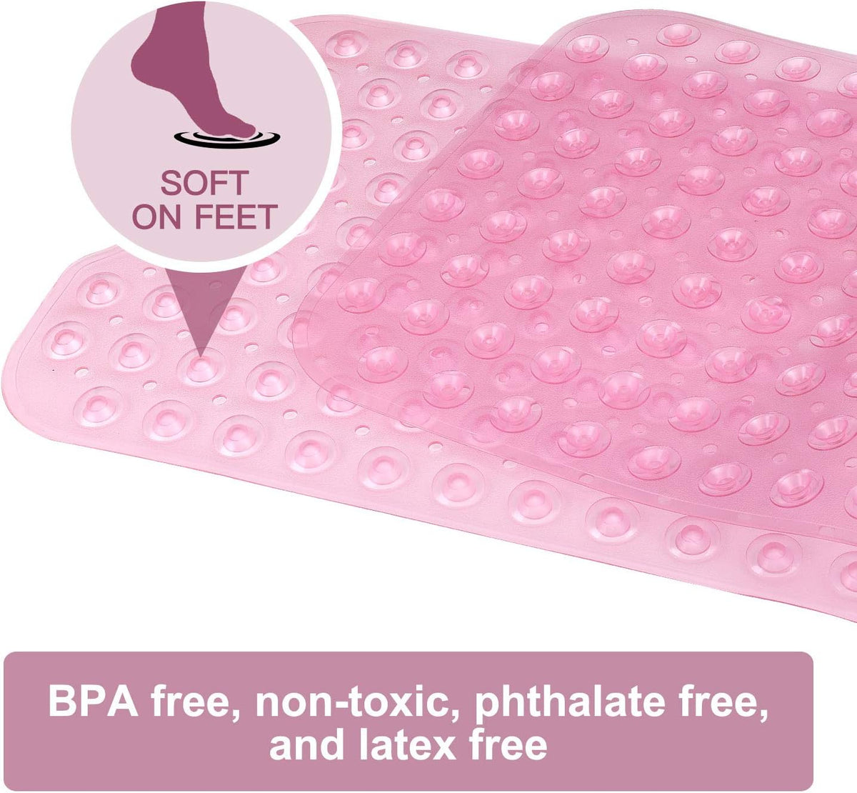 Bath and Shower Safety Mats 40x16 inch, Non Slip with Suction Cups for Bathroom Stall and Tub Floor, Extra Large and Machine Washable, Drain Holes Keep Bathtub Clean, Clear