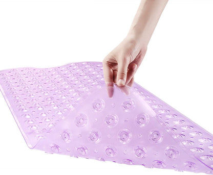 Bath and Shower Safety Mats 40x16 inch, Non Slip with Suction Cups for Bathroom Stall and Tub Floor, Extra Large and Machine Washable, Drain Holes Keep Bathtub Clean, Clear