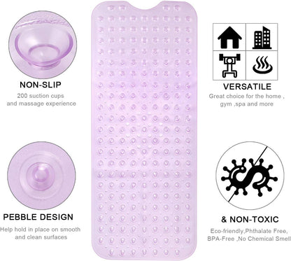Bath and Shower Safety Mats 40x16 inch, Non Slip with Suction Cups for Bathroom Stall and Tub Floor, Extra Large and Machine Washable, Drain Holes Keep Bathtub Clean, Clear