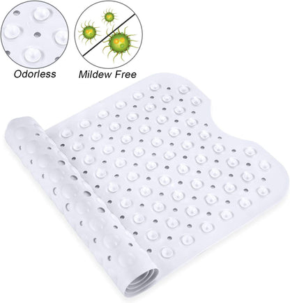 Bath and Shower Safety Mats 40x16 inch, Non Slip with Suction Cups for Bathroom Stall and Tub Floor, Extra Large and Machine Washable, Drain Holes Keep Bathtub Clean, Clear