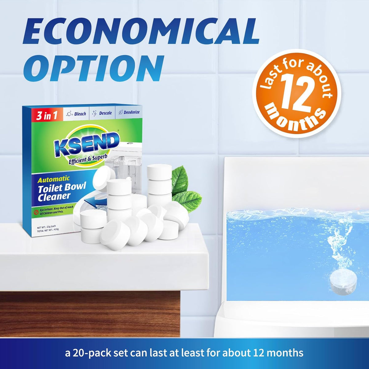 Toilet Bowl Cleaner Tablets, Automatic Bleach, Powerful Cleaning | Bathroom Tank, Slow Release, Deodorizing, Descaling, Long-Lasting Use, 20 Pack