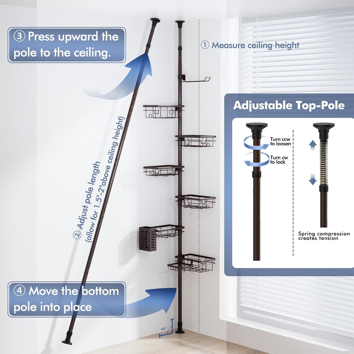 Shower Caddy Organizer Tension Pole, Corner Shower Shelves Bathroom Storage