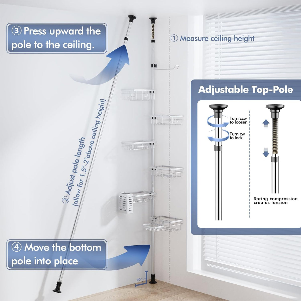 Shower Caddy Organizer Tension Pole, Corner Shower Shelves Bathroom Storage