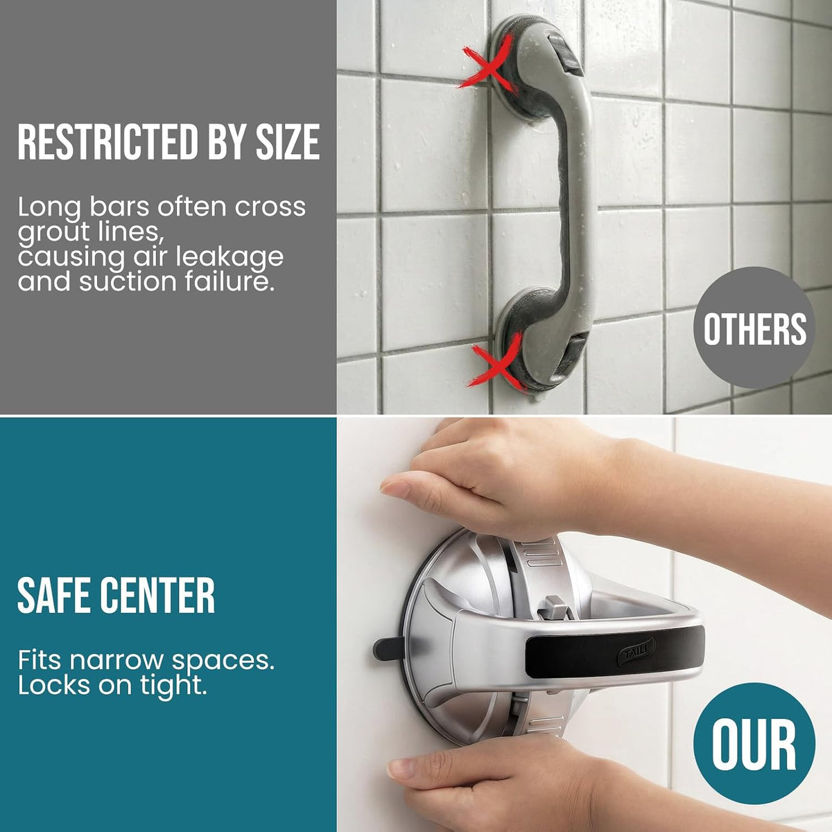 Shower Grab Bars,Suction Shower Handles,Upgraded,330lbs,Silver