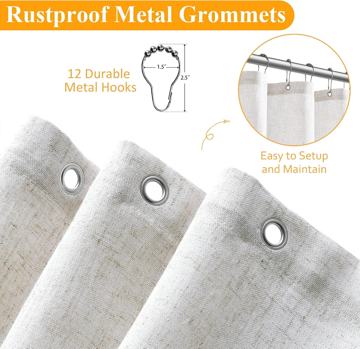 Linen Shower Curtain 72 Inch Long for Bathroom Beige 1 Panel - Colors A