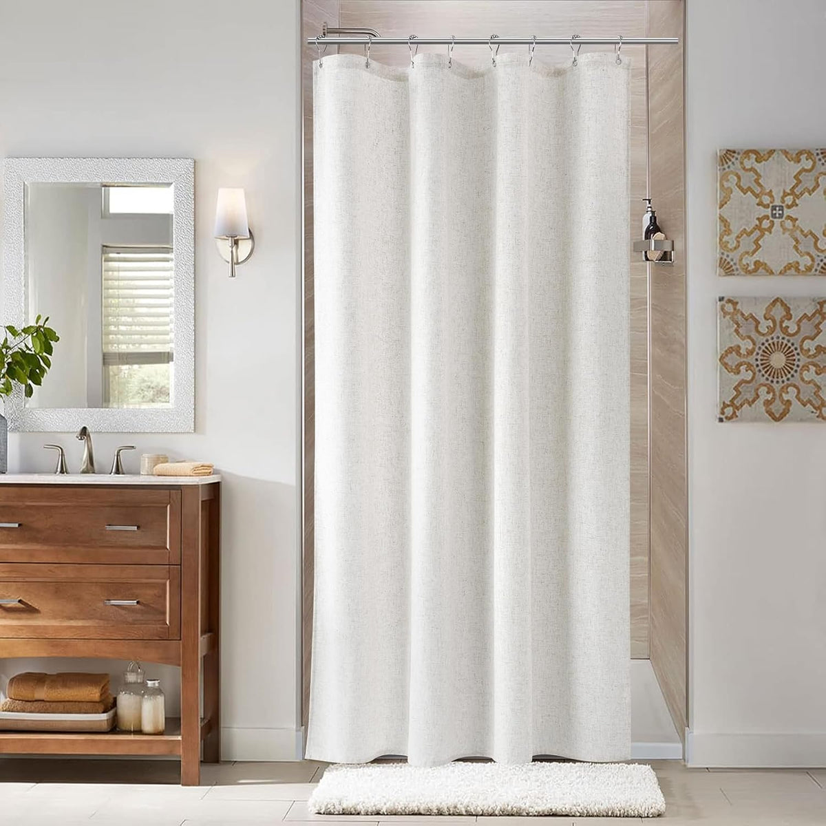 Linen Shower Curtain 72 Inch Long for Bathroom Beige 1 Panel - Colors A