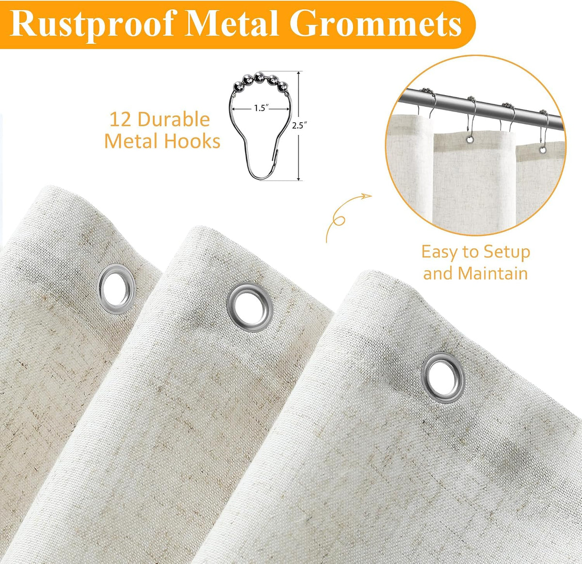 Linen Shower Curtain 72 Inch Long for Bathroom Beige 1 Panel - Colors A