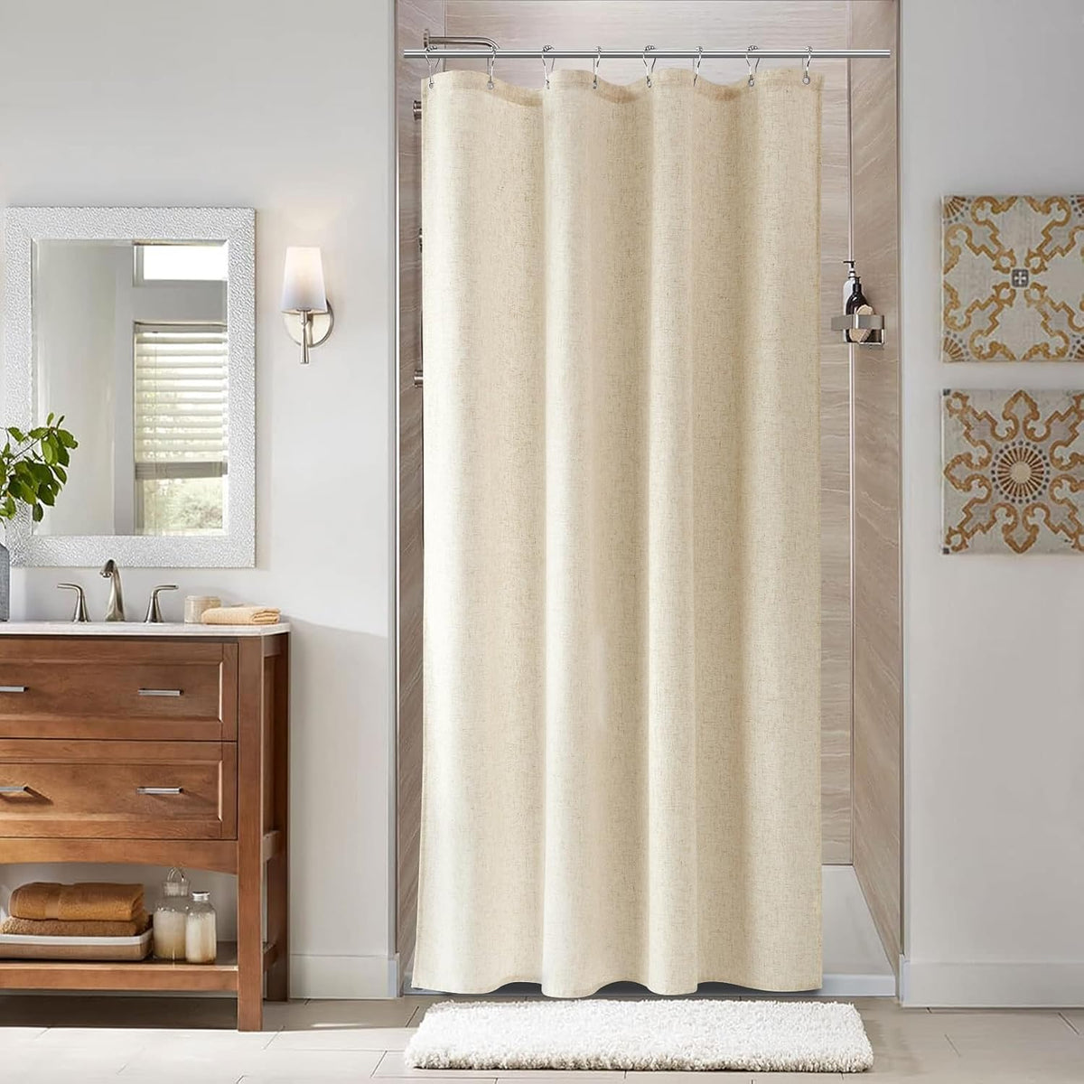 Linen Shower Curtain 72 Inch Long for Bathroom Beige 1 Panel - Colors A