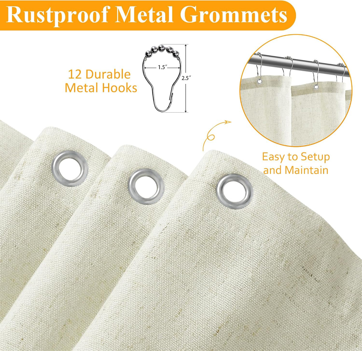 Linen Shower Curtain 72 Inch Long for Bathroom Beige 1 Panel - Colors A