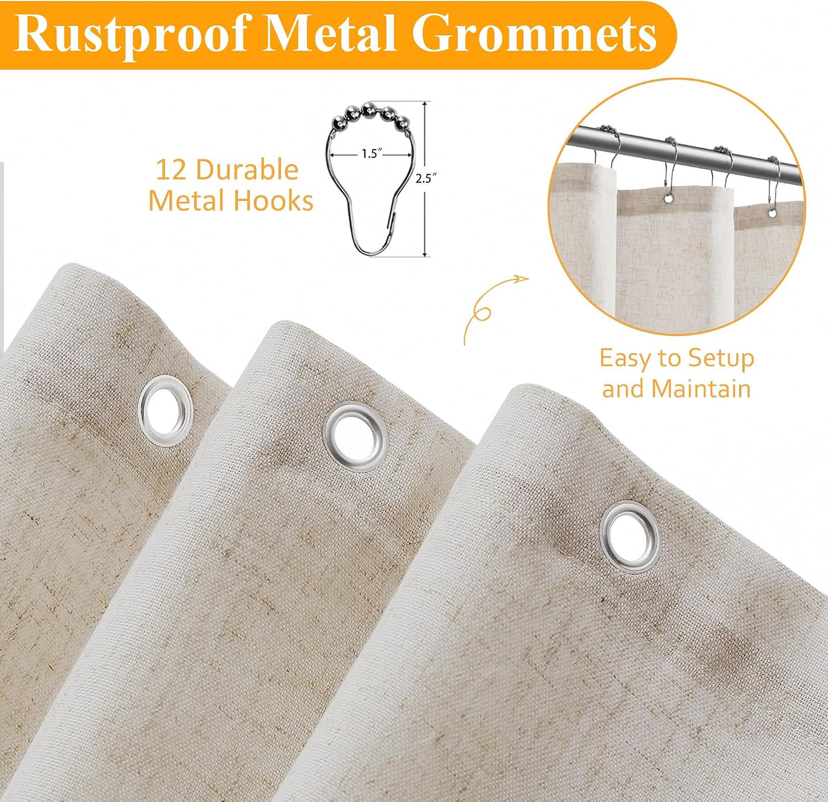 Linen Shower Curtain 72 Inch Long for Bathroom Beige 1 Panel - Colors A