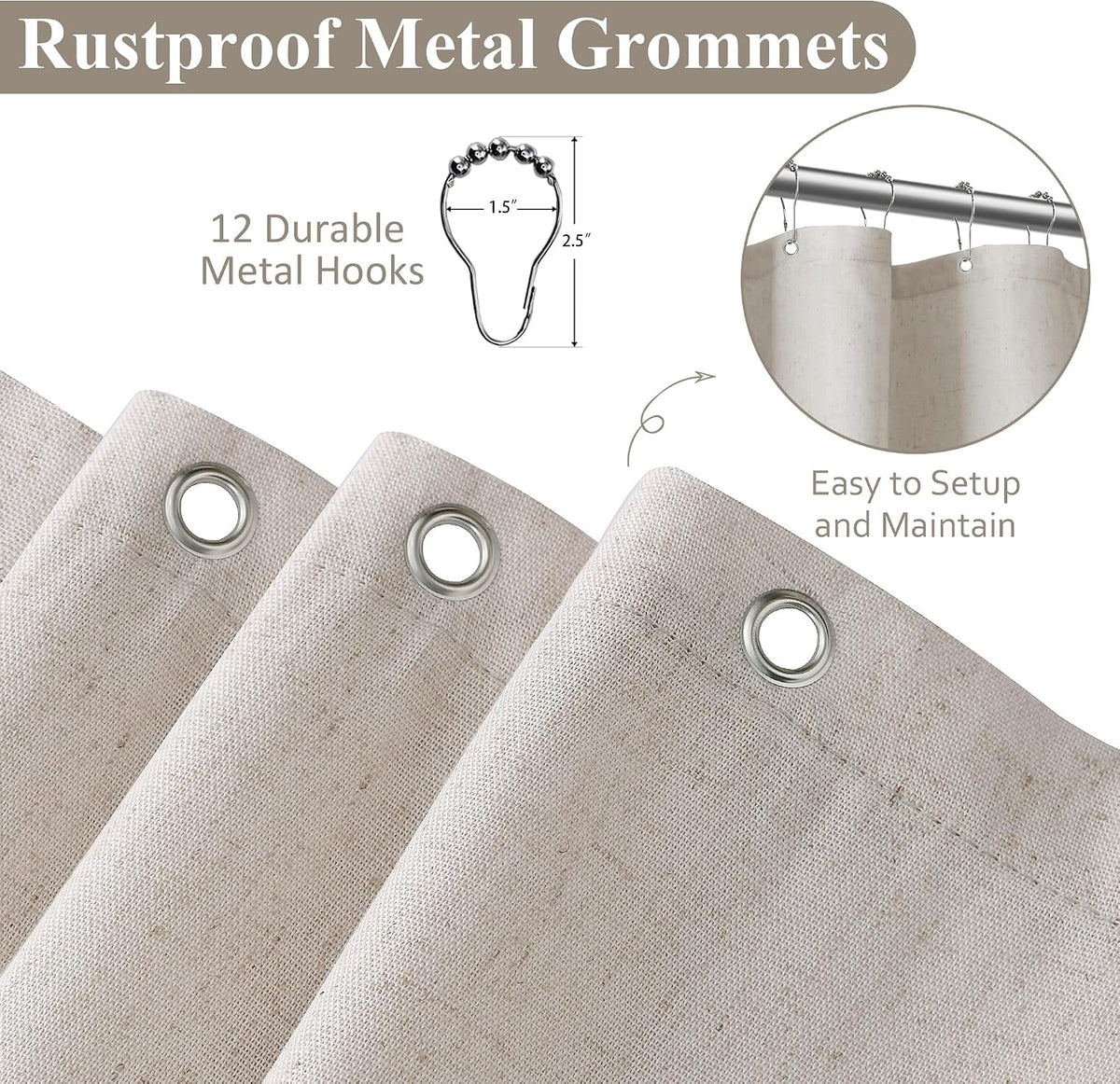 Linen Shower Curtain 72 Inch Long for Bathroom Beige 1 Panel - Colors A