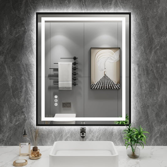 24"X32" LED Bathroom Mirror with Black Frame, Front Lit and Backlit | Metal Framed Mirror, Stepless Dimmable, HD Reflection, Anti-Fog, Shatter-Proof, Memory, 3 Colors Lighting, UL Listed. - Colors B