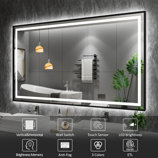 24"X32" LED Bathroom Mirror with Black Frame, Front Lit and Backlit | Metal Framed Mirror, Stepless Dimmable, HD Reflection, Anti-Fog, Shatter-Proof, Memory, 3 Colors Lighting, UL Listed. - Colors B