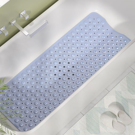 Shower Mat Non Slip 40 x 16 Inches, Bathtub Mat Shower Stall Mats with Suction Cups and Drain Holes, Non Slip Bath Mat for Tub for Elderly & Kids, Clear Blue