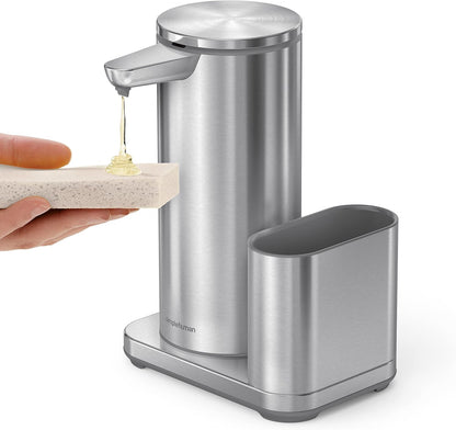Liquid Sensor Pump with Caddy, 14 oz Automatic Soap Dispenser for Kitchen Sink, Motion Sensor, Variable Dispense, Battery Powered, Integrated Sponge Holder, Brushed Stainless Steel