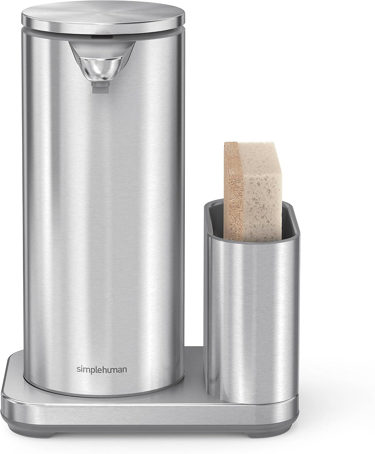 Liquid Sensor Pump with Caddy, 14 oz Automatic Soap Dispenser for Kitchen Sink, Motion Sensor, Variable Dispense, Battery Powered, Integrated Sponge Holder, Brushed Stainless Steel