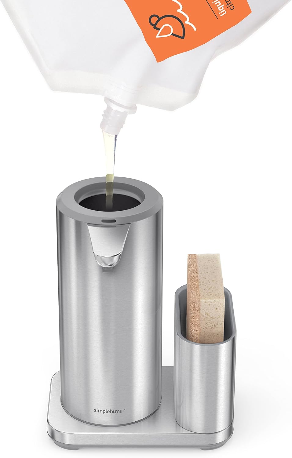 Liquid Sensor Pump with Caddy, 14 oz Automatic Soap Dispenser for Kitchen Sink, Motion Sensor, Variable Dispense, Battery Powered, Integrated Sponge Holder, Brushed Stainless Steel