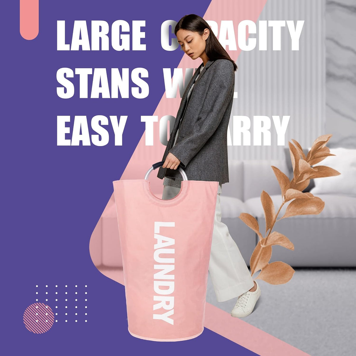 Tall Laundry Basket 90L, Large Hamper, Freestanding Laundry Bag | Collapsible waterproof Oxford laundry bag for dorm, laundromat and travel, 13 Colors, Foldable Laundry Bag, Padded Handles