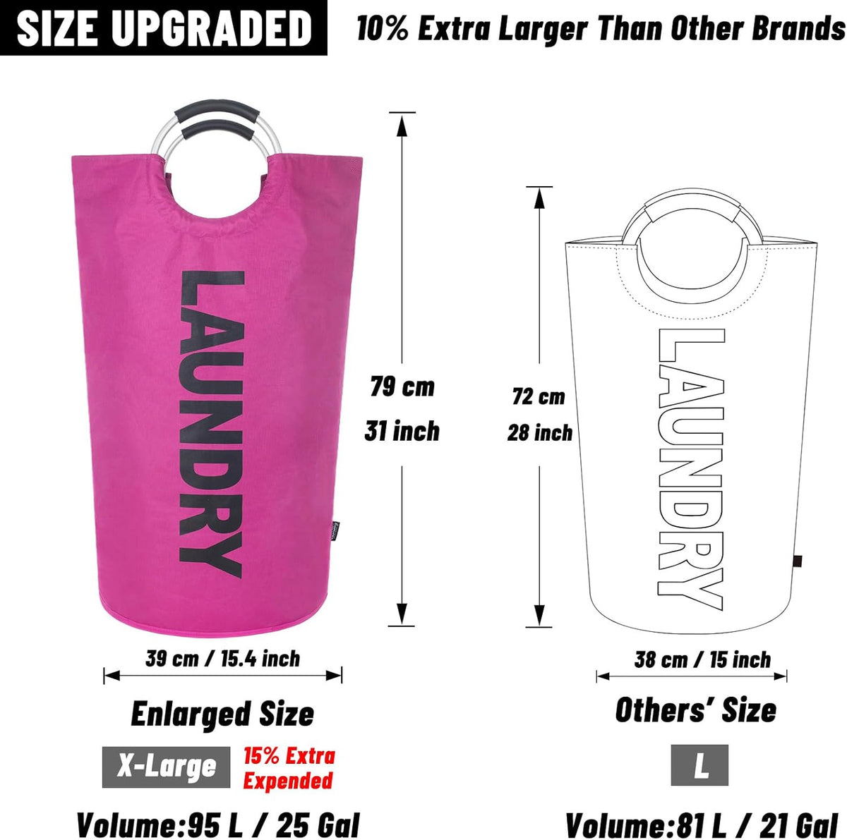 Tall Laundry Basket 90L, Large Hamper, Freestanding Laundry Bag | Collapsible waterproof Oxford laundry bag for dorm, laundromat and travel, 13 Colors, Foldable Laundry Bag, Padded Handles