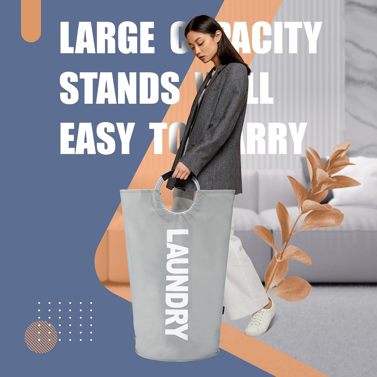 Tall Laundry Basket 90L, Large Hamper, Freestanding Laundry Bag | Collapsible waterproof Oxford laundry bag for dorm, laundromat and travel, 13 Colors, Foldable Laundry Bag, Padded Handles
