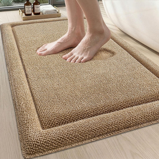Memory Foam Bath Mat 24x17, Thick Chenille Bathroom Rug, Beige