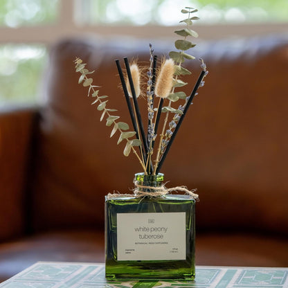 Premium Mayan Copal Reed Diffuser – 3.4 oz Natural Essential Oil Diffuser for Home & Bathroom – Long-Lasting Fragrance with Rattan Scent Sticks – Green Glass Room Decor