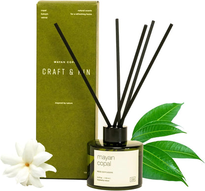 Premium Mayan Copal Reed Diffuser – 3.4 oz Natural Essential Oil Diffuser for Home & Bathroom – Long-Lasting Fragrance with Rattan Scent Sticks – Green Glass Room Decor