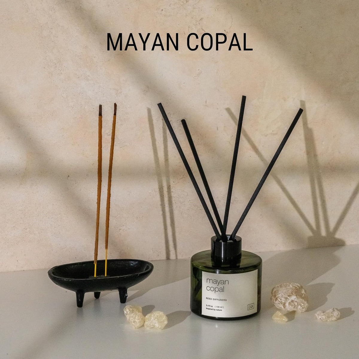 Premium Mayan Copal Reed Diffuser – 3.4 oz Natural Essential Oil Diffuser for Home & Bathroom – Long-Lasting Fragrance with Rattan Scent Sticks – Green Glass Room Decor