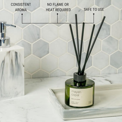 Premium Mayan Copal Reed Diffuser – 3.4 oz Natural Essential Oil Diffuser for Home & Bathroom – Long-Lasting Fragrance with Rattan Scent Sticks – Green Glass Room Decor