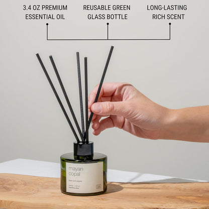 Premium Mayan Copal Reed Diffuser – 3.4 oz Natural Essential Oil Diffuser for Home & Bathroom – Long-Lasting Fragrance with Rattan Scent Sticks – Green Glass Room Decor