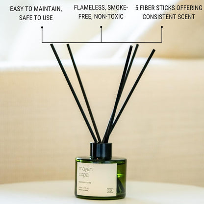 Premium Mayan Copal Reed Diffuser – 3.4 oz Natural Essential Oil Diffuser for Home & Bathroom – Long-Lasting Fragrance with Rattan Scent Sticks – Green Glass Room Decor