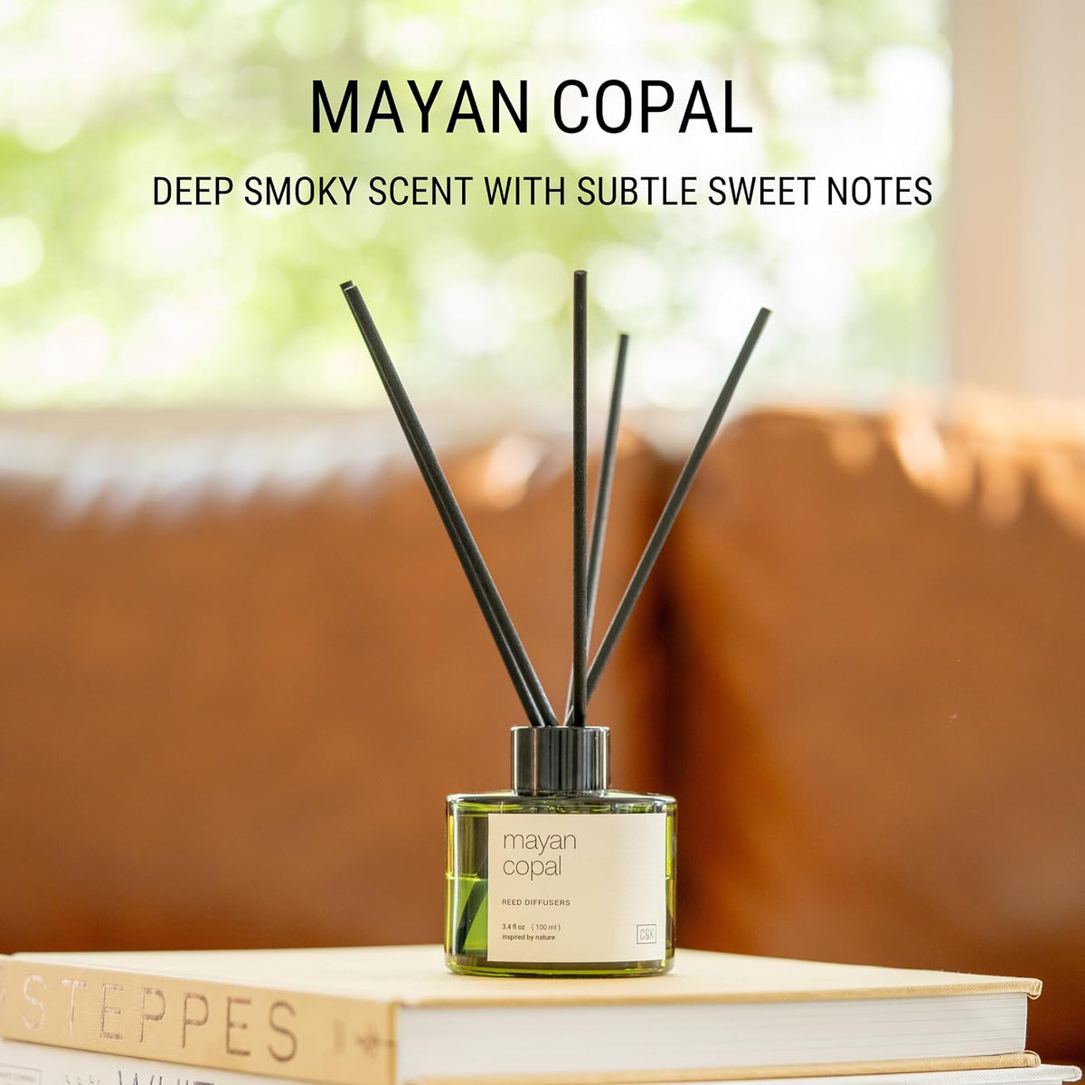 Premium Mayan Copal Reed Diffuser – 3.4 oz Natural Essential Oil Diffuser for Home & Bathroom – Long-Lasting Fragrance with Rattan Scent Sticks – Green Glass Room Decor