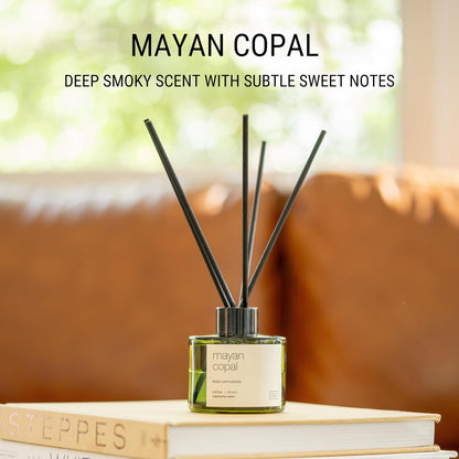 Premium Mayan Copal Reed Diffuser – 3.4 oz Natural Essential Oil Diffuser for Home & Bathroom – Long-Lasting Fragrance with Rattan Scent Sticks – Green Glass Room Decor