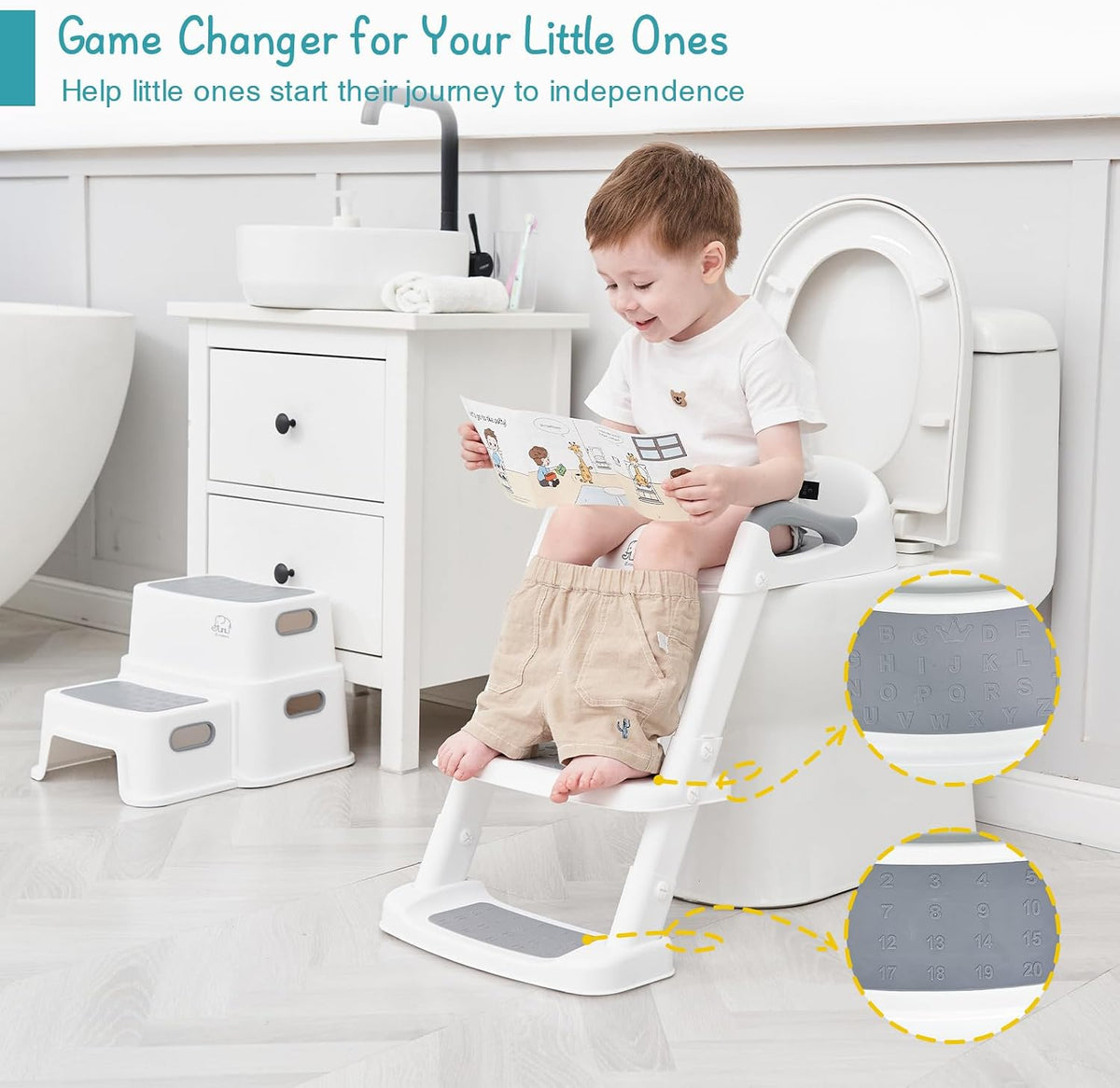 Potty Training Toilet Seat with Step Stool Ladder, Toddler Kids Potty Seat for Boys Girls, Non Slip Foldable Toilet Training Seat with Soft Cushion, Comfortable Handles (White-Grey)