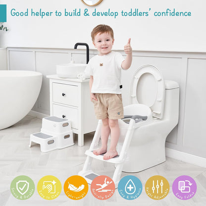 Potty Training Toilet Seat with Step Stool Ladder, Toddler Kids Potty Seat for Boys Girls, Non Slip Foldable Toilet Training Seat with Soft Cushion, Comfortable Handles (White-Grey)