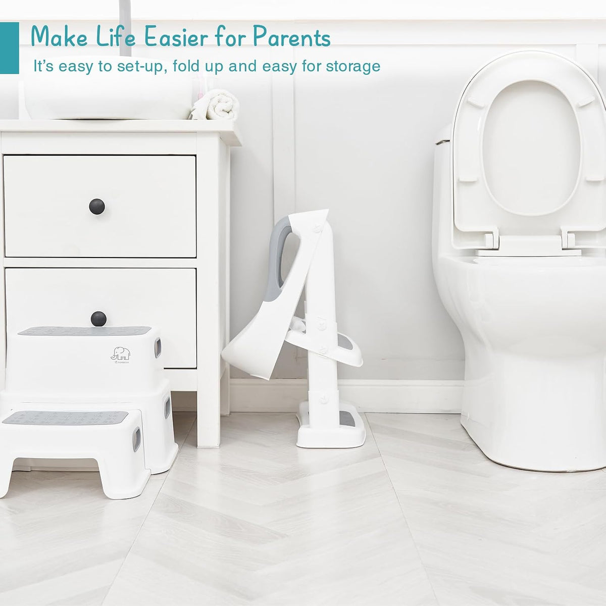 Potty Training Toilet Seat with Step Stool Ladder, Toddler Kids Potty Seat for Boys Girls, Non Slip Foldable Toilet Training Seat with Soft Cushion, Comfortable Handles (White-Grey)