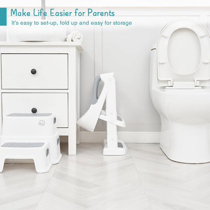 Potty Training Toilet Seat with Step Stool Ladder, Toddler Kids Potty Seat for Boys Girls, Non Slip Foldable Toilet Training Seat with Soft Cushion, Comfortable Handles (White-Grey)