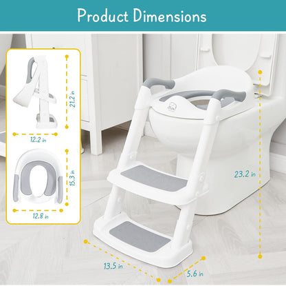 Potty Training Toilet Seat with Step Stool Ladder, Toddler Kids Potty Seat for Boys Girls, Non Slip Foldable Toilet Training Seat with Soft Cushion, Comfortable Handles (White-Grey)