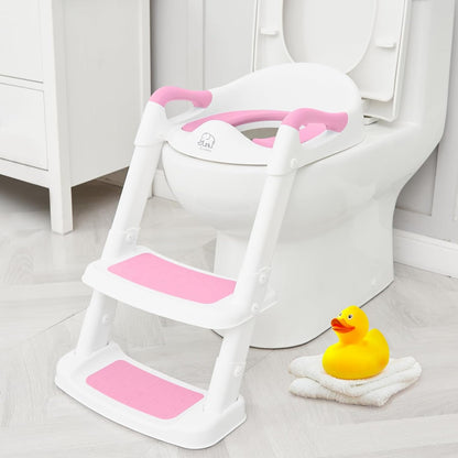 Potty Training Toilet Seat with Step Stool Ladder, Toddler Kids Potty Seat for Boys Girls, Non Slip Foldable Toilet Training Seat with Soft Cushion, Comfortable Handles (White-Grey)
