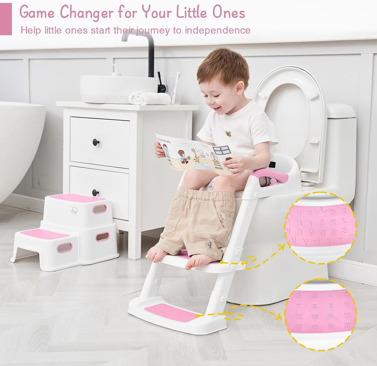Potty Training Toilet Seat with Step Stool Ladder, Toddler Kids Potty Seat for Boys Girls, Non Slip Foldable Toilet Training Seat with Soft Cushion, Comfortable Handles (White-Grey)