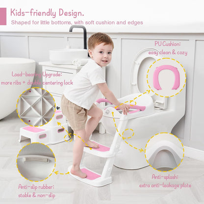 Potty Training Toilet Seat with Step Stool Ladder, Toddler Kids Potty Seat for Boys Girls, Non Slip Foldable Toilet Training Seat with Soft Cushion, Comfortable Handles (White-Grey)