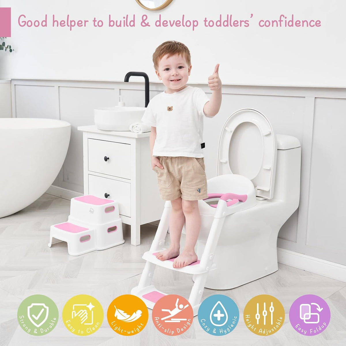 Potty Training Toilet Seat with Step Stool Ladder, Toddler Kids Potty Seat for Boys Girls, Non Slip Foldable Toilet Training Seat with Soft Cushion, Comfortable Handles (White-Grey)