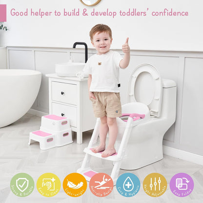 Potty Training Toilet Seat with Step Stool Ladder, Toddler Kids Potty Seat for Boys Girls, Non Slip Foldable Toilet Training Seat with Soft Cushion, Comfortable Handles (White-Grey)