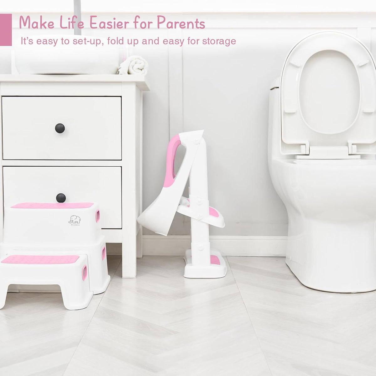 Potty Training Toilet Seat with Step Stool Ladder, Toddler Kids Potty Seat for Boys Girls, Non Slip Foldable Toilet Training Seat with Soft Cushion, Comfortable Handles (White-Grey)