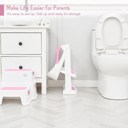 Potty Training Toilet Seat with Step Stool Ladder, Toddler Kids Potty Seat for Boys Girls, Non Slip Foldable Toilet Training Seat with Soft Cushion, Comfortable Handles (White-Grey)