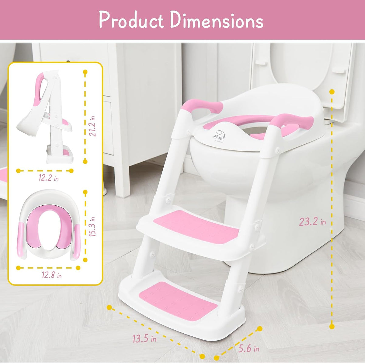 Potty Training Toilet Seat with Step Stool Ladder, Toddler Kids Potty Seat for Boys Girls, Non Slip Foldable Toilet Training Seat with Soft Cushion, Comfortable Handles (White-Grey)