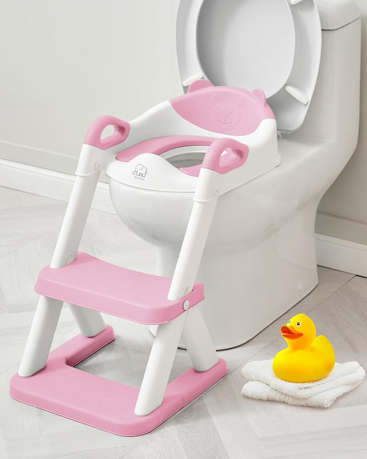 Potty Training Toilet Seat with Step Stool Ladder, Toddler Kids Potty Seat for Boys Girls, Non Slip Foldable Toilet Training Seat with Soft Cushion, Comfortable Handles (White-Grey)