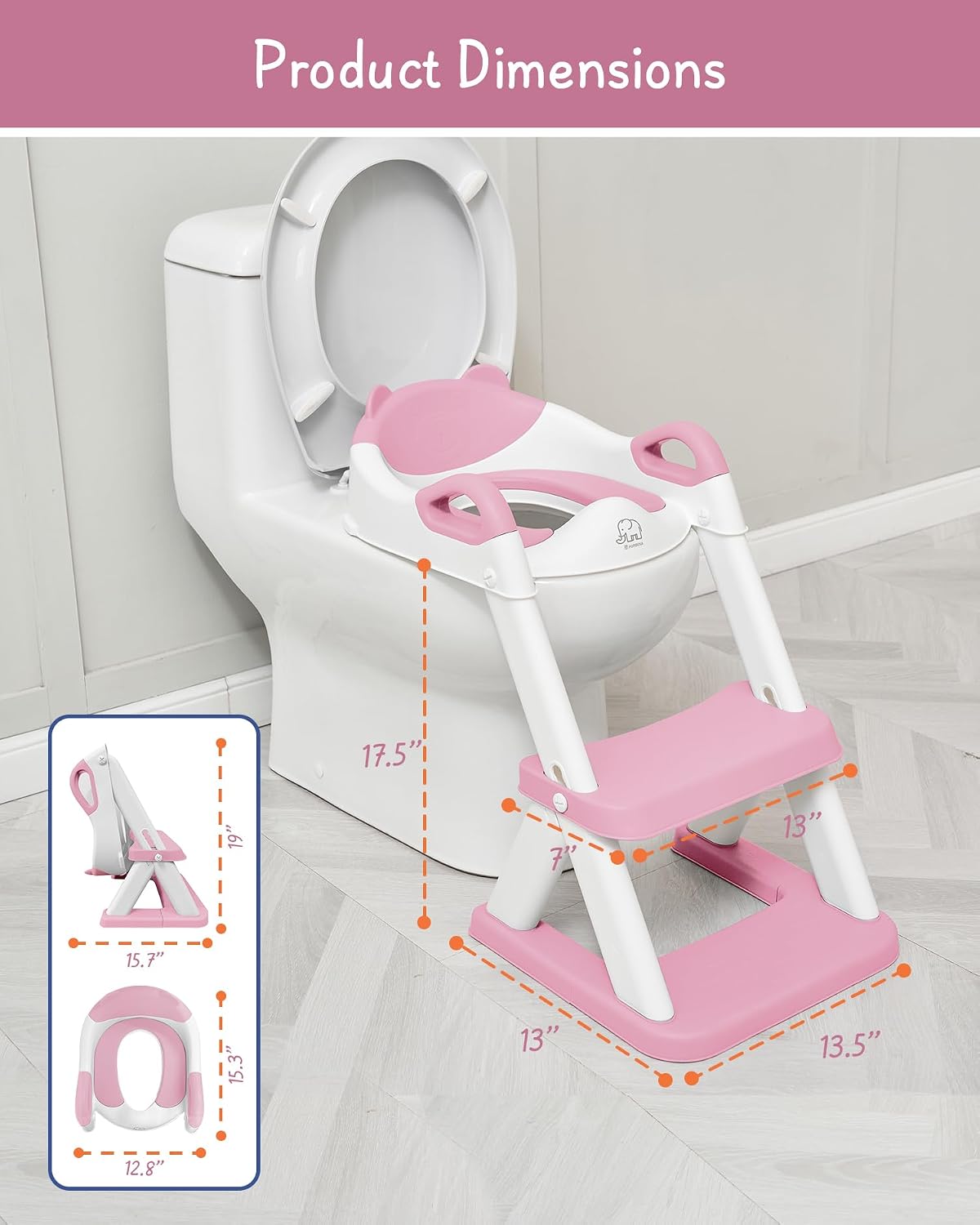 Potty Training Toilet Seat with Step Stool Ladder, Toddler Kids Potty Seat for Boys Girls, Non Slip Foldable Toilet Training Seat with Soft Cushion, Comfortable Handles (White-Grey)