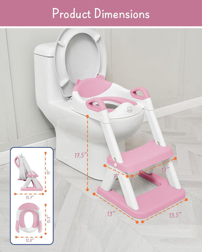 Potty Training Toilet Seat with Step Stool Ladder, Toddler Kids Potty Seat for Boys Girls, Non Slip Foldable Toilet Training Seat with Soft Cushion, Comfortable Handles (White-Grey)